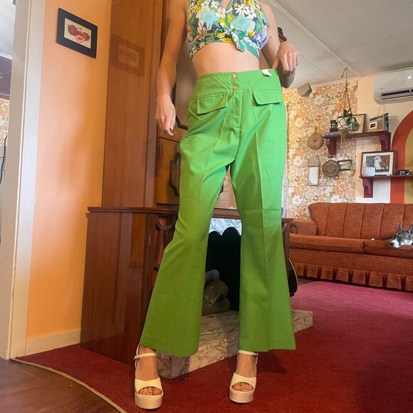 DEADSTOCK 1970s vintage green pleated fake pocket double button flare pants! - Picture 9 of 15